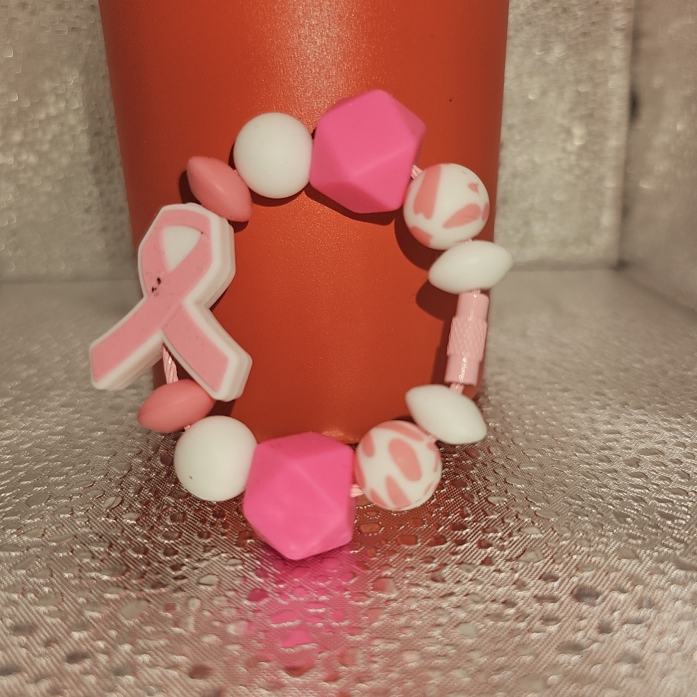 Silicone Tumbler Charms Breast Cancer Pink With Pink & White Beads